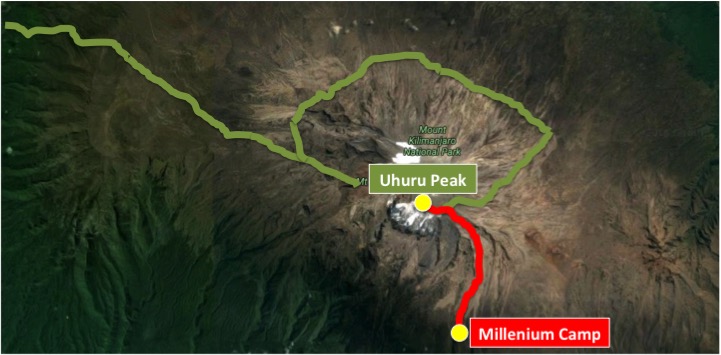 Map of Kilimanjaro Northern Circuit summit day path dowm from Uhuru Peak to Millenium Camp