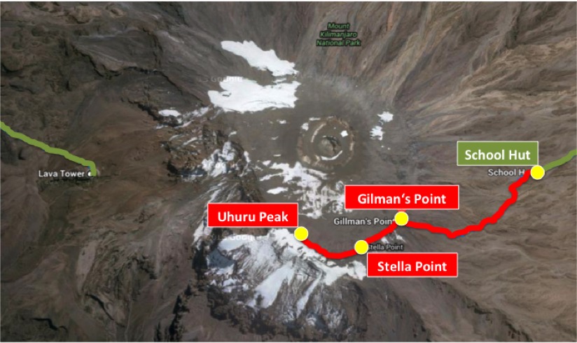 Map of Kilimanjaro Northern Circuit summit night path from School Hut base camp via Gilman's Point and Stella Point to Uhuru Peak